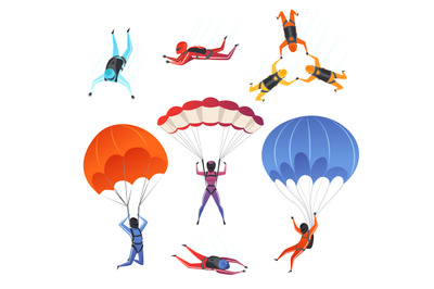 Parachute jumpers. Extreme sport skydiving paragliding male and female