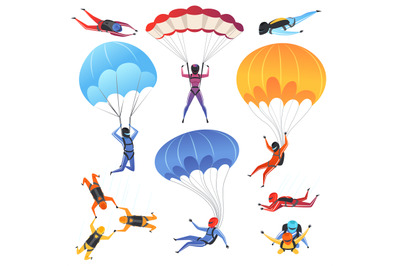 Extreme parachute sport. Adrenaline characters jumping paragliding and