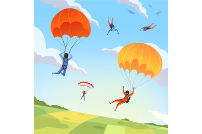 Parachute jumpers sky. Extreme sport hobbies adrenaline character flyi