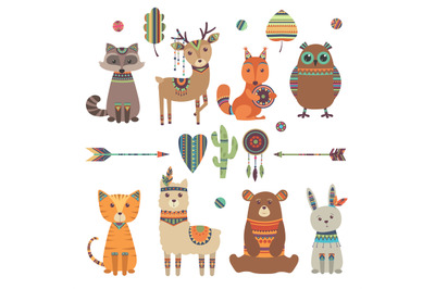 Cute ethnic animals. Tribal kid wild zoo bear owl raccoon tiger with f