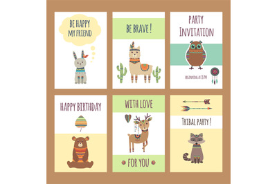 Tribal animals cards. Cute zoo characters squirrel llama hare fox deer