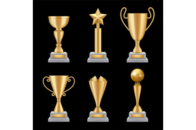 Award trophies realistic. Golden cup sport success star symbols vector