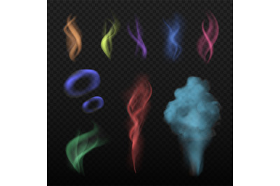 Colored smoke. Steam and smell spread buring haze colorful vector coll