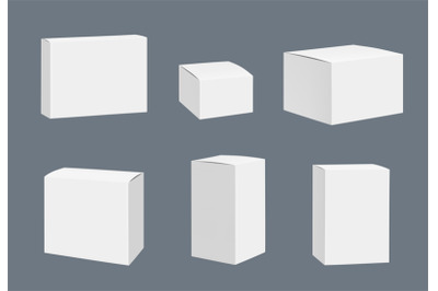 Blank packages mockup. Quadrate white closed boxes containers vector r