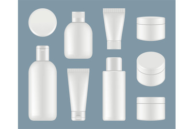 Cosmetic tubes. Makeup plastic packages and round containers white vec