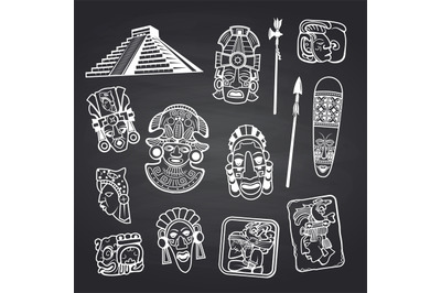 Vector cartoon aztec and maya mask elements set on black chalkboard ba