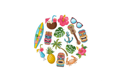 Vector cartoon summer travel elements in circle shape illustration