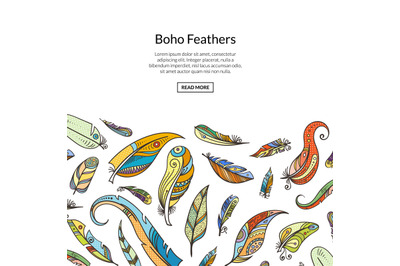 Vector boho doodle feathers background illustration banner