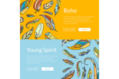 Vector boho doodle feathers web banner templates illustration