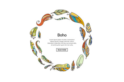 Vector boho doodle feathers in circle with place for text illustration