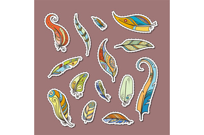 Vector boho doodle feathers stickers set illustration