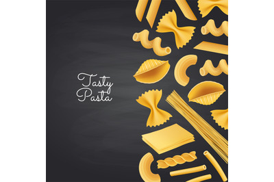 Vector pasta types on black chalkboard background illustration