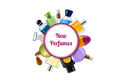 Vector perfume bottles under circle with place for text illustration