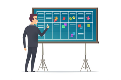 Business schedule board. Businessman standing near checklist and plann