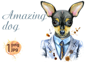 Watercolor portrait of toy terrier in a suit