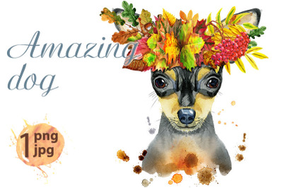 Watercolor portrait of toy terrier in wreath of leaves