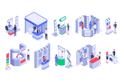 Isometric sale stands. Expo demonstration stand, product exhibition tr