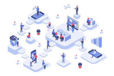 Isometric work team. Cloud workplaces platforms&2C; modern teams workflow