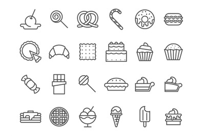 Sweet dessert icons. Sweetly cake, sweets ice cream and muffin cakes.