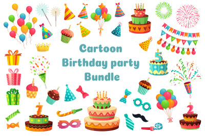 Cartoon birthday party bundle. Sweet celebration cupcakes&2C; colorful ba