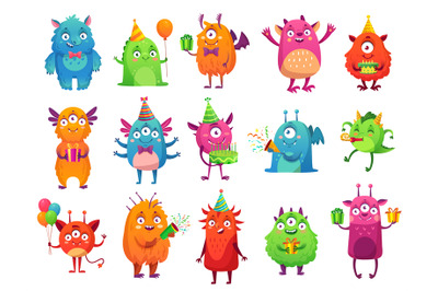 Cartoon party monsters. Cute monster happy birthday gifts, funny alien