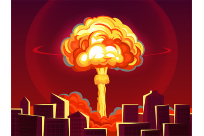 Nuclear explosion in city. Atomic bombing&2C; bomb explosion fiery mushro