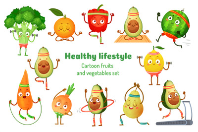 Sport fruits and vegetables. Healthy lifestyle mascots, fruit sports e