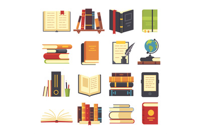 Flat books icons. Magazines with bookmark, history and open science bo