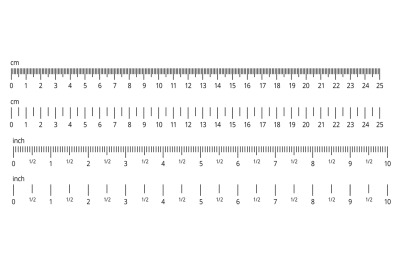 Inch and metric rulers. Centimeters and inches measuring scale. Precis