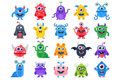 Cute cartoon monsters. Comic halloween joyful monster characters. Funn