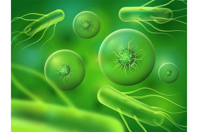 Realistic bacteria and cells. Green microscopic biology or micro natur