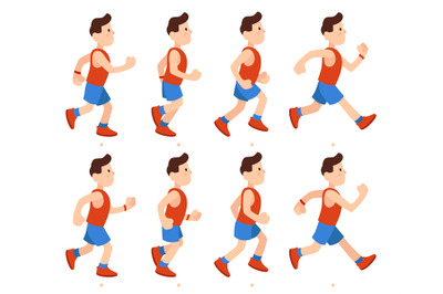 Flat running man. Athletic boy run animation frames sequence. Runner m