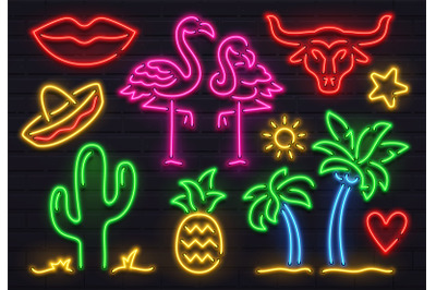 Retro fashion neon sign. Glowing fluorescent cactus, pink flamingo and