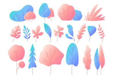 Minimal flat leaves with gradients. Color gradation trees, bushes and