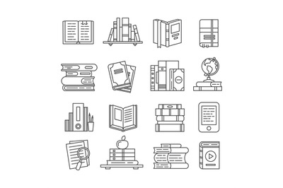 Line Art book icons. Literary magazines, study diary and bible. Open t