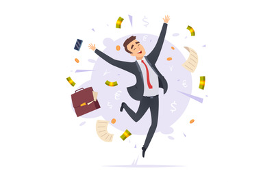 Happy businessman. Jumping proffesional successful young office manage