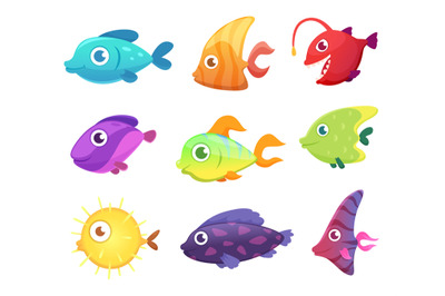 Cartoon fish. Underwater ocean sea animals for games vector pictures