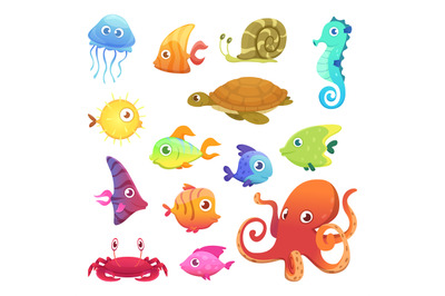 Underwater animals. Ocean sea animals fish octopus turtle seahorse vec