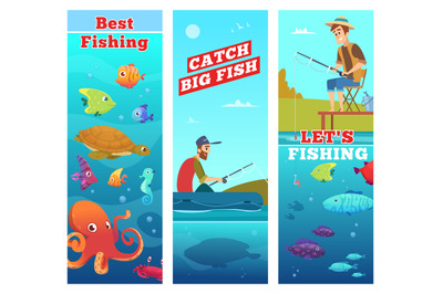 Fishing banners. Underwater sea river ocean fish octopus turtle seahor