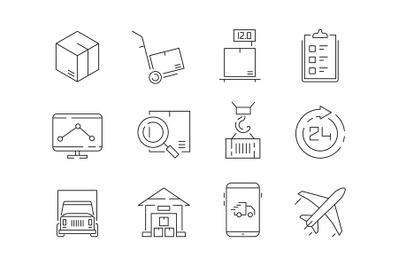 Logistic icon set. Warehouse delivery boxes containers and transport c