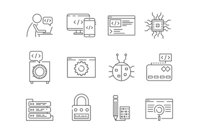 Programmer icon. Coder web dev worker bug fixes nodes qa system testin