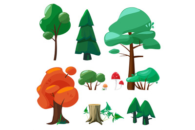 Nature cartoon elements. Game ui collection of trees shrubs hemp branc