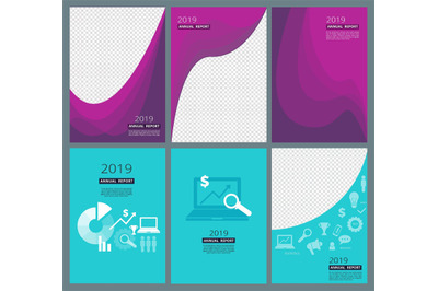 Business brochure covers. Company annual report pages with abstract ge