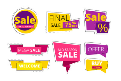 Flat promo banners. Big sale advertizing offers on colored ribbons vec