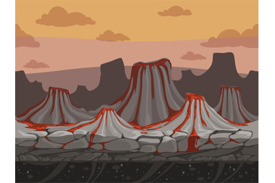 Volcanoes seamless game background. Rockie ground with stones prehisto