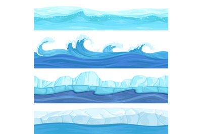 Seamless water waves. Liquid and ice surface ocean and river texture v