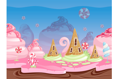 Game fantasy landscape. Seamless background with delicious dessert foo