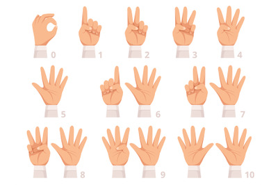 Hands gesture numbers. Human palm and fingers show different numbers v