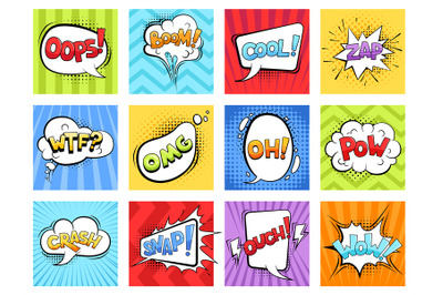 Comic sounds. Cartoon explode stripped burst frames and speech bubbles