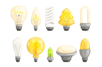 Modern bulbs collection. Idea lamp lighting cartoon vector pictures co